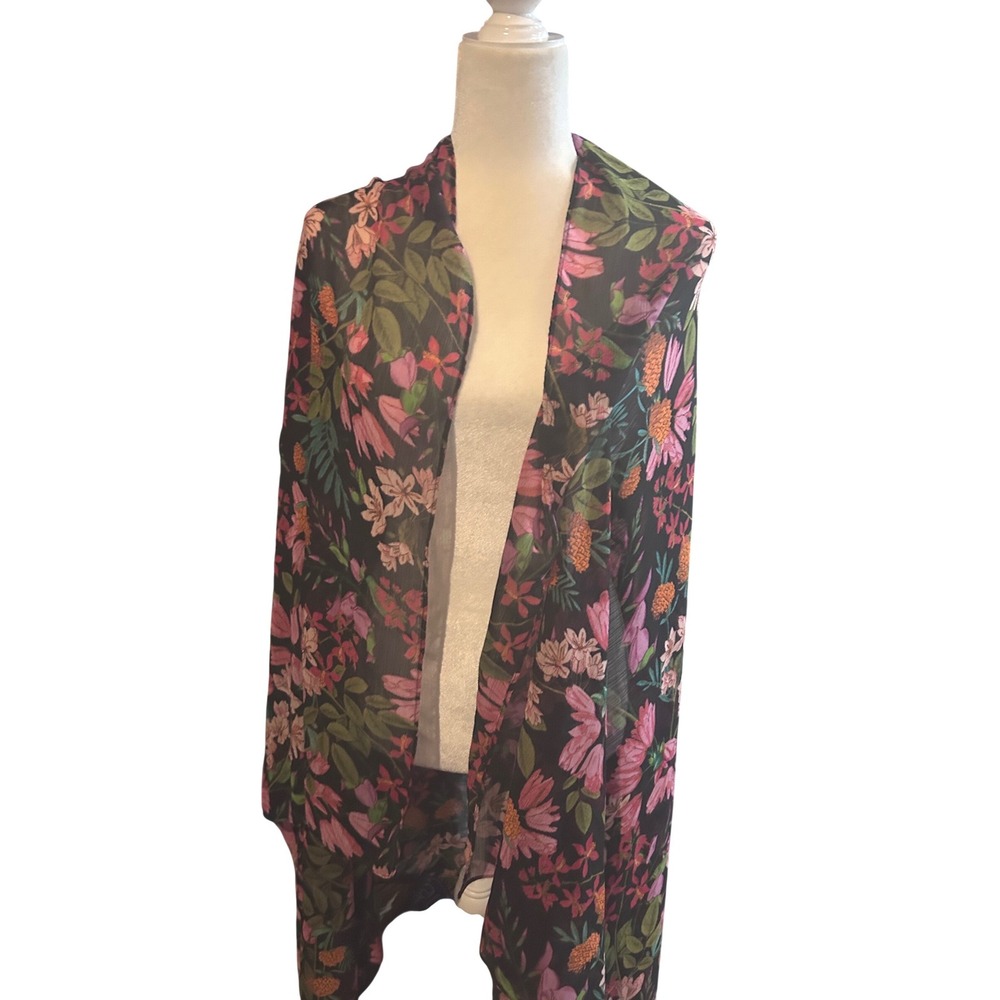 Time and Tru Floral Kimono Wrap Womens One Size Black Pink Sheer Open Front Boho